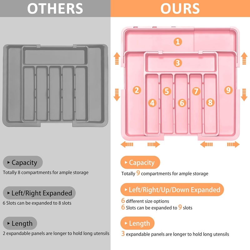 Spaclear Silverware Organizer Expandable Kitchen Utensil Drawer Organizer Large BPA Free Adjustable Cutlery Silverware Tray for Spoons Forks Knives Storage Divider for Kitchen Flatware 6-9 Slots Pink - Image 4